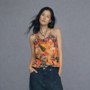 C&C California Linen Blend Tank Top Tropical Print Lightweight Size Medium